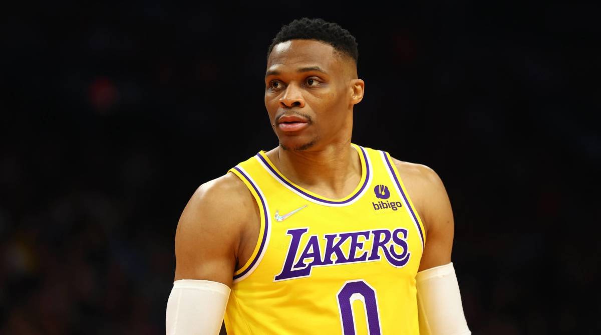 Russell Westbrook looks on in a game for the Lakers.